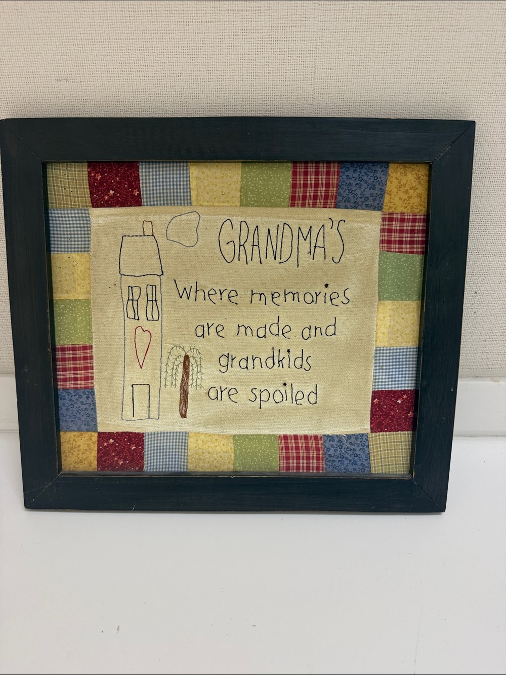 Source Unknown Framed Grandma Quilt Art - Navy, Red, Yellow, Green, Blue